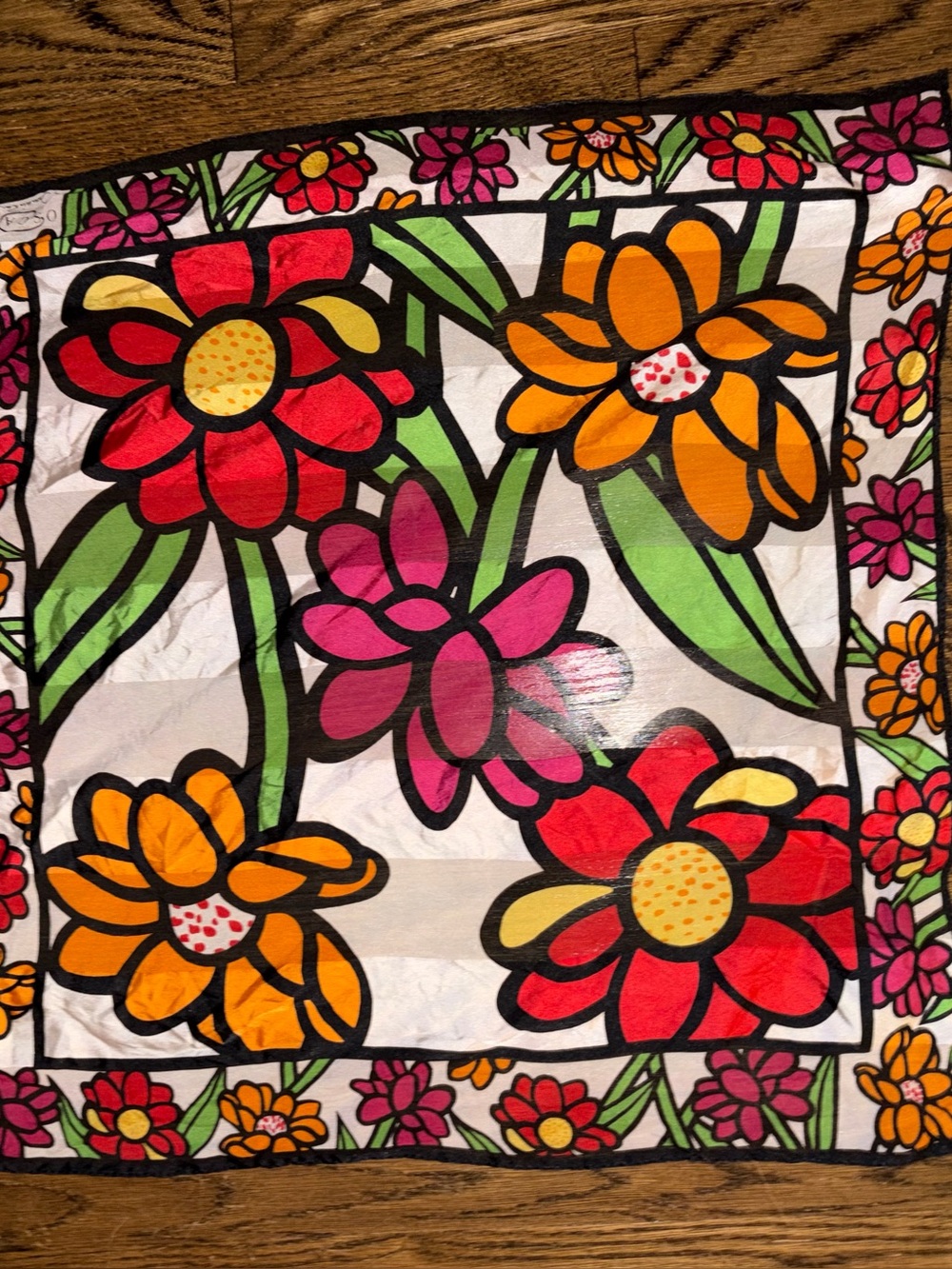 OSCAR DE LA RENTA 100% Silk Pop Art Floral Handkerchief Headscarf Neck Wrap